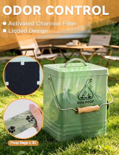Image of Dog Poop Trash Can Outside, Metal Pet Waste Trash Can with Lid & Handle, 5L /1.3Gal Dog Waste Station with Bag Holder & 30 Bags(Green)