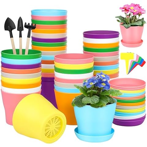 Hahood 48 Pack Plastic Planters 4 Inch Flower Plant Pots Indoor Set Thickened Seedling Nursery Pots Seed Starting Pots with Drainage Holes Saucers, Mini Garden Tools for Home Office Garden, Multicolor Cover