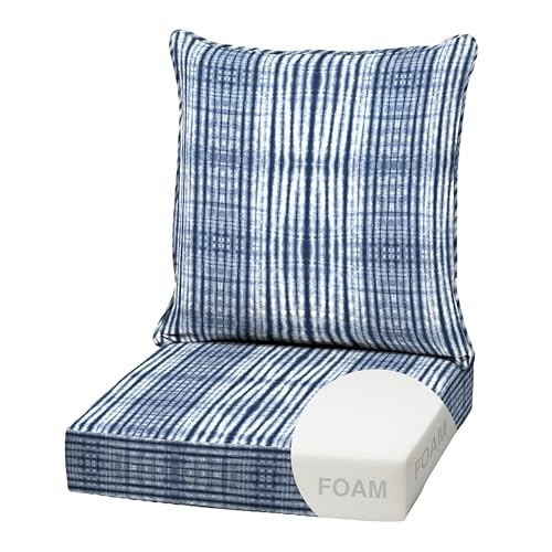 Image of Arden Outdoor Foam Deep Seat Cushion Set, 22 in x 24 in, Weather-Proof, Rain-Proof, Fade Resistant Patio Cushion, Bottom and Back Cushion for Chair, Sofa, and Couch Blue Shibori Stripe