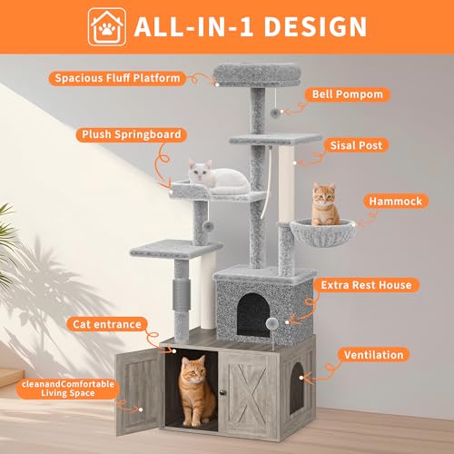 Árbol para gatos 2-en-1 con caja de arena oculta gris miniatura 5