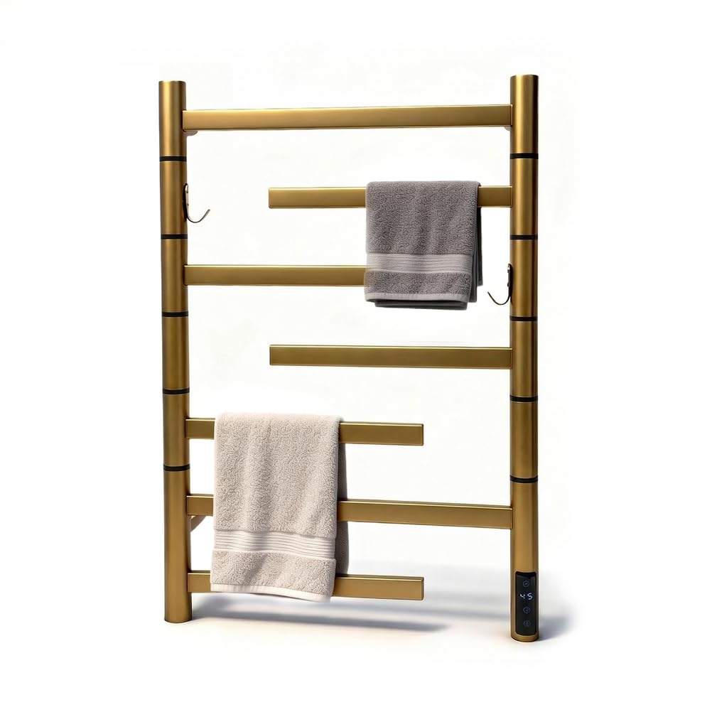 Sèche-Serviettes Électrique, Radiateur Porte-Serviettes Chauffant,65 W, Doré, Mural, Double Face Rotative, en Acier Inoxydable 304 avec Minuterie Intégrée, Plug in