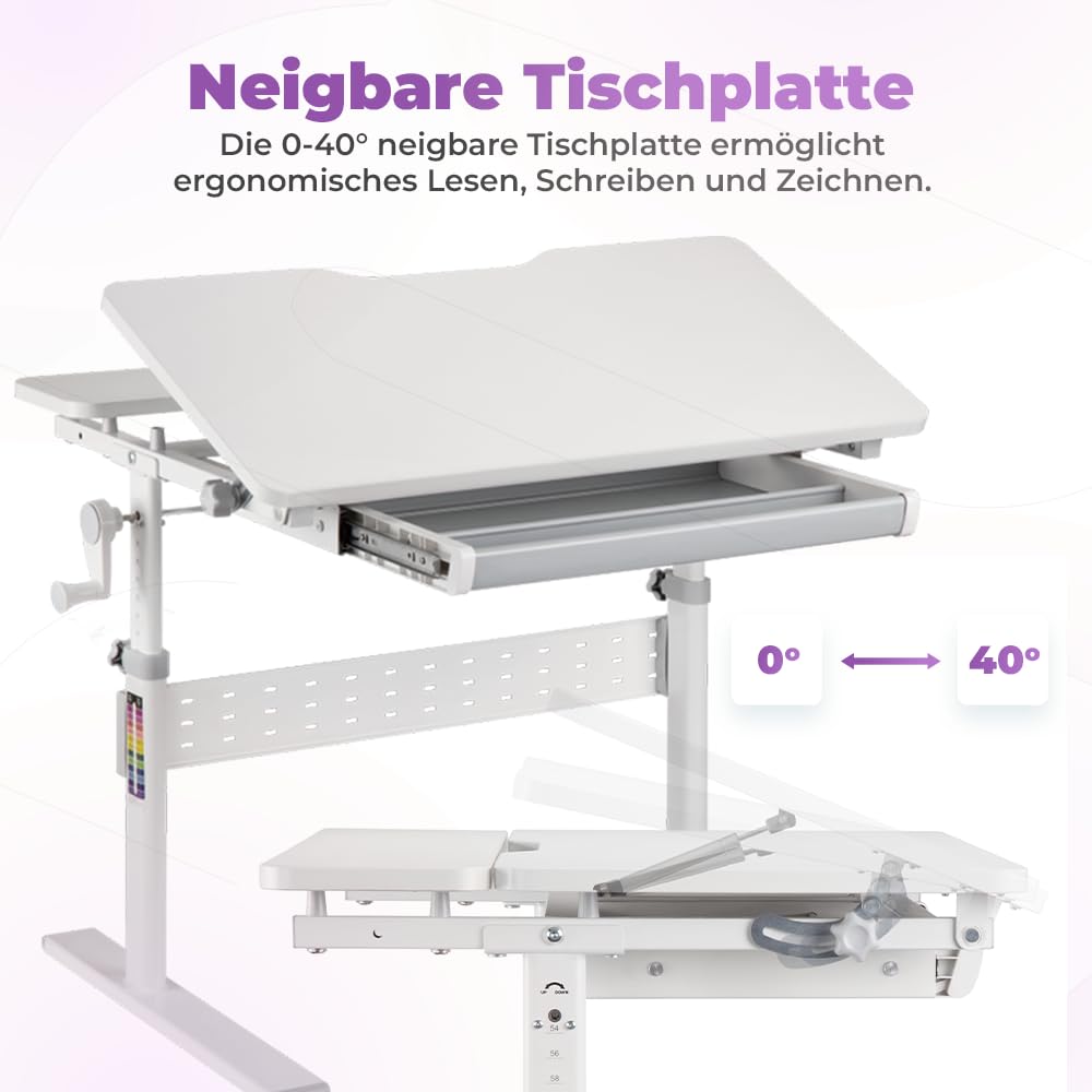 Spacetronik Kinderschreibtisch Höhenverstellbar 100x60 cm, Schreibtisch Kinder mit Neigbarer Tischplatte, Kinder Schreibtisch mit Schublade & Haken für Rucksack, Holzplatte