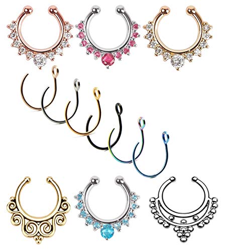 MTRSUE Fake Nose Ring,12Pcs Fake Septum Jewelry Nose Ring Hanger Clip On Clicker Crystal Piercing Non Piercing