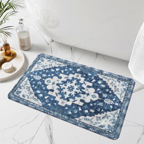 Uphome Boho Bathroom Rugs Blue Vintage Non-Slip Bath Rug Oriental