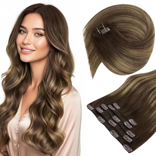 Image of Sunny Hair Clip in Hair Extensions Real Human Hair Brown Balayage | Clip in Hair Extensions Brown Balayage Caramel Blonde Short Hair, Natural Looking Blend and Comfortable Wear 12 Inch 85g