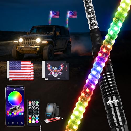Image of Nilight LED Whip Light 2PC 5FT Spiral RGB Antenna Whips with Spring Base, App /Remote Control DIY Chasing Patterns Brake & Reverse Turn Signal Lights for Side by Side ATV UTV RZR Can-Am Buggy Jeep