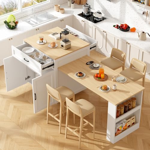 Sapgaks Table de Bar Extensible avec Espace de Rangement (133-202 × 70 × 93,5 cm),Table à Manger Extensible,îlot de Cuisine pour 2 à 6 Personnes, Chariot de Cuisine avec étagères latérales, Blanc