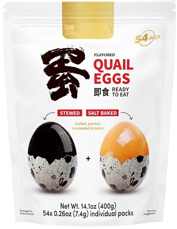 Flavored Quail Eggs, Net Weight 14.1 Ounce(400 g), (54 Individually Packed) - Stewed and Salt Baked; Boiled, Peeled, Marinated and Baked.