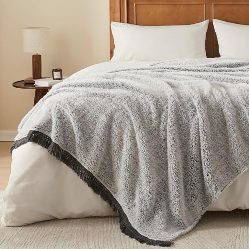Image of EMME Soft Sherpa Fleece Blanket with Tassel, Reversible Plush Fluffy Large Blanket, Light Weight Warm Decorative Boho Blanket Cover for Sofa, Couch, Bedroom,Travel(Tassel Grey,90 inchx90 inch)