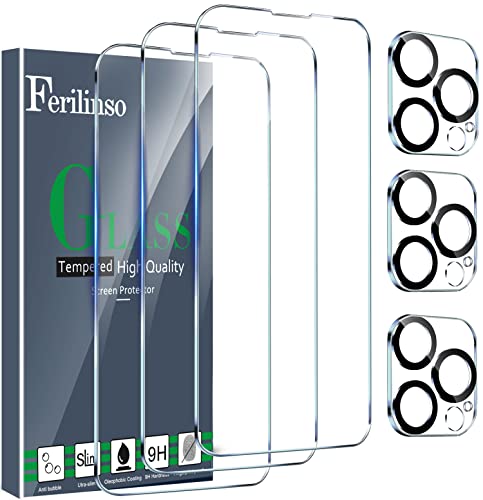 Ferilinso [3+3Piezas] Protector de Pantalla iPhone 14 Pro Accesorios 3 Piezas HD Cristal Templado 3 Piezas Protector de Lente de cámara Funda Amistoso dureza 9h sin burbujas Cover