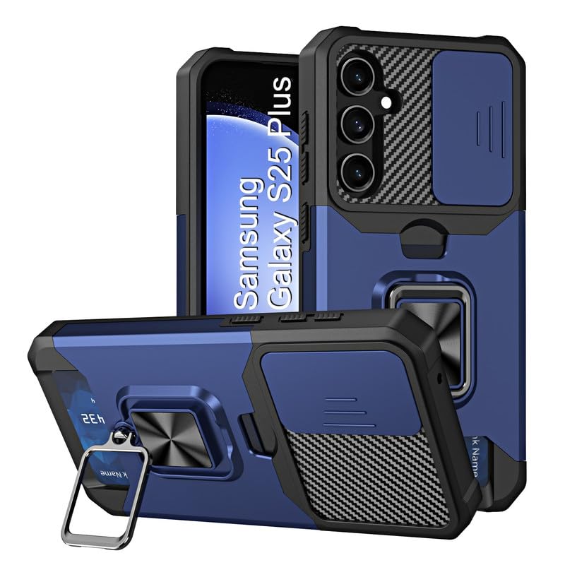 Image of LuxuryKase Shockproof Armor Case for Samsung Galaxy S25 Plus | Slide Camera Cover | Hidden Card Slot | Rotating Ring Kickstand | Magnetic Car Mount Support | Military Grade Protection - Blue