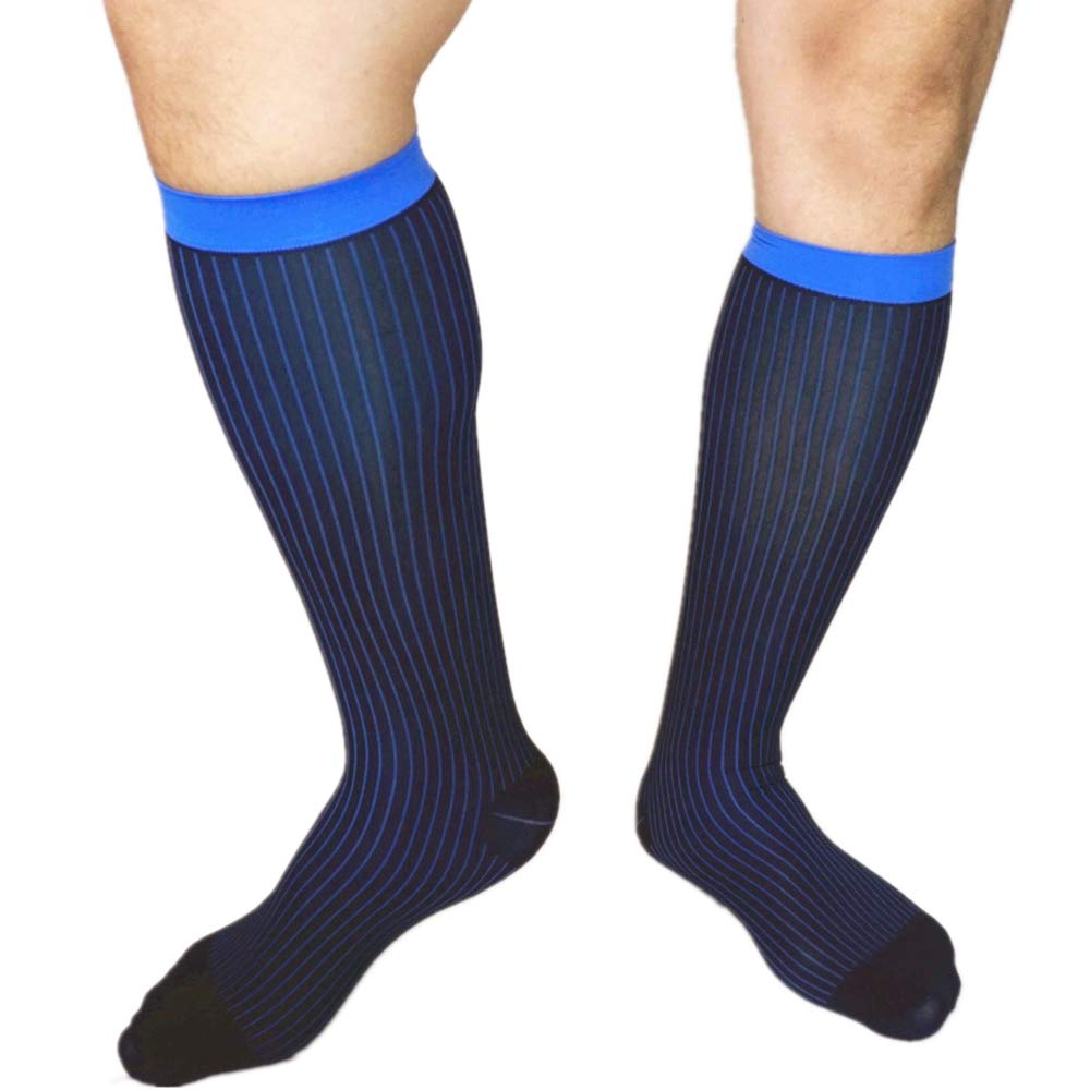 Mr.babuu Men's Blue New 3Pairs Pack Over The Calf Colorful Striped Silky Sheer Dress Socks, 7-10