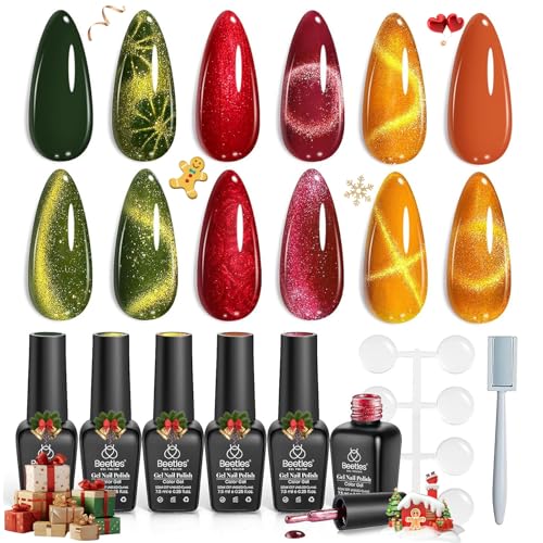 Beetles Cat Eye Gel Nail Polish Set, 6 Colors Red Burgundy Gel Olive Green Cat Eye and Pearl Nail Polish with Magnet Soak Off LED Nail Art Kit DIY Salon at Home Winter Gifts for Women