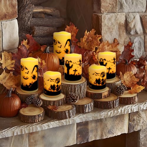 Image of fclayvts 12-Pack Halloween LED Flameless Pillar Candles - Battery Operated with Remote & Timer, Flickering Warm Light, Witch /Bats /Castle Decals - Spooky Halloween Decor, Ghost Party Supplies, Gifts