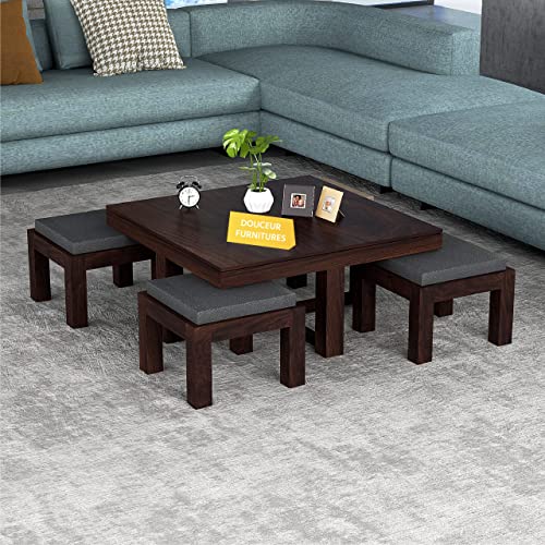 Image of Douceur Furnitures Solid Sheesham Wood Coffee Table with 4 Stools for Living Room | Wooden Centre Table for Home, Guest Room, Office, Hotel & Cafe | Space Saving Coffee Table | Walnut Finish