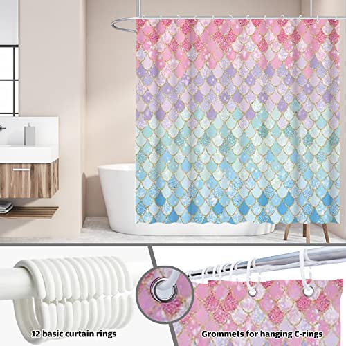 Allenjoy 72"X72" Mermaid Scales Shower Curtain For Bathroom Ocean Under The Sea Pink And Blue Girl Home Bath Decors Durable Waterproof Fabric (No Glitter) Machine Washable With 12 Hooks #TOP3