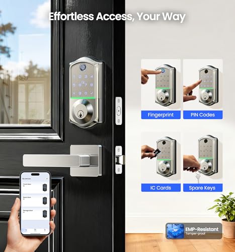 Image of Veise VE017-B Fingerprint Smart Lock with 2 Lever Handles Set, Satin Nickel | App Control, Fob, Touchscreen, Remote Access Sharing, Electronic Keypad, 8-in-1 Keyless Entry Deadbolt for Front Door