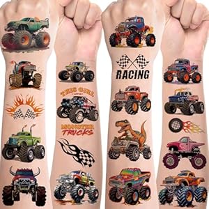 Monster Truck Temporary Tattoos Kids,100+ Monster Trucks Tattoos for Kids Party Supplies&Favors Birthday Decorations Waterproof Realistic Fake Tattoos Gift for Boys Girls,Home Activity Class Prizes