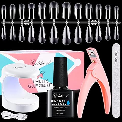 Gelike ec Soft Gel Tips Nail Extension Kit, 6 In 1 Nail Glue Gel Base Coat with Pre-shaped Medium Almond Square Nails UV LED Nail Lamp Acrylic Nail Clipper for Gel Art Polish DIY Manicure Cover