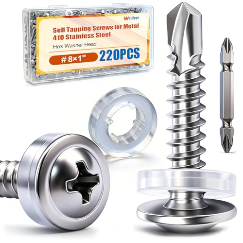 weideer 220pcs #8×1" Self Tapping Screws for Metal, 410 Stainless Steel Metal Screw, Truss Head Sheet Metal Screws with Washer, Screwdriver Bit K-158-W-25mm