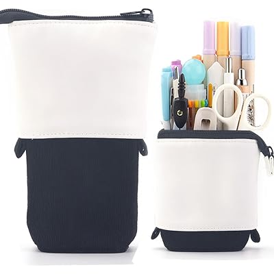 Telescopic Pencil Bag Pen Holder Stationery Case, PU Corduroy Stand-up Retractable Transformer Bag Colorful Organizer, Great for Christmas Holiday (Black)