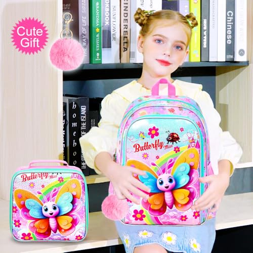 AGSDON 3PCS Girls Butterfly Backpack, 16" Kids Backpacks and Lunch Bag Set for Girls, Water Resistant Elementary Bookbag for Toddler3