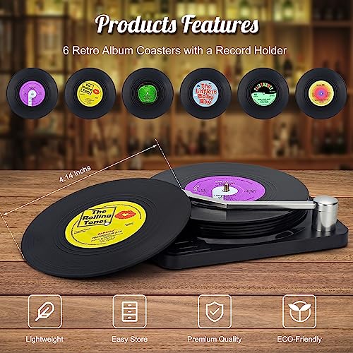 Valdivia Retro Vinyl Record Coasters with Player, Music Coasters Set of 6 for Drinks Bars, Office - Image 2