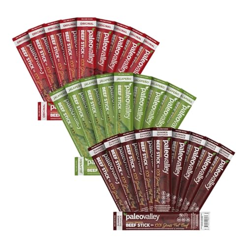 Paleovalley Beef Stick Bundle - Original + Jalapeno + Summer Sausage - 30 Sticks - Delicious Gluten Free Beef Snacks - High Protein Keto Friendly