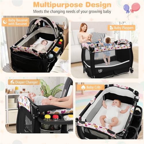 Image of BABY JOY 4 in 1 Pack and Play, Portable Baby Playard with Bassinet & Flip-Away Changing Table, Canopy, Portable Bedside Crib with Storage Basket, Infant Bassinet from Newborn to Toddlers (Circle)