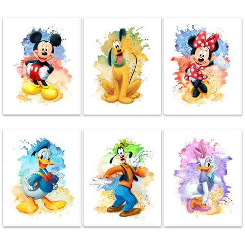 Gwency Design Mickey Mouse Watercolor Poster Set of 6 Vintage Cartoon Wall Art for Kids Room Nursery Playroom or Living Room Unframed 8x10 Prints