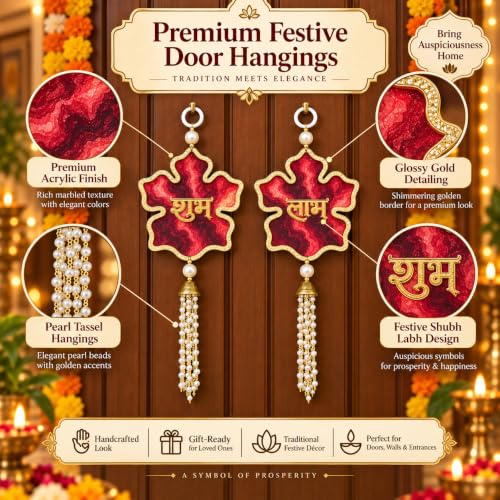 Image of Akaar Decor Artificial Marigold Door Hanging Toran | Diwali Decoration Items for Home Decor| Festive Decor| Office Decor| -(L:Approx. 2.5ft) (Acrylic Shubh Labh Red)