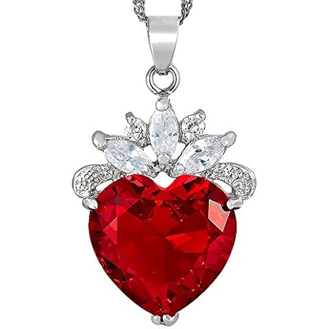 RIZILIA Ocean Heart Pendant with 45cm(18") Chain & Heart Cut Gemstones CZ [Red Ruby] in 18K White Gold Plated, Simple Modern Elegance Cover