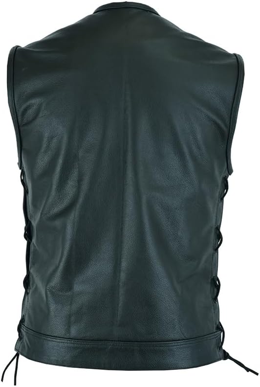 Men’s Collarless Leather Motorcycle Vest SOA Style Biker Waistcoat with Adjustable Side Laces & Concealed Pockets
