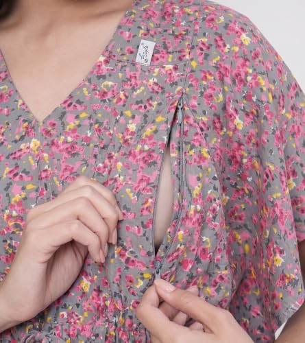 Image of Noty Women's- Kaftan | Maxi | Maternity | Feeding | Delivery Gown- Cotton Fabric- V Neck | Floral Print | 2 Pockets | Midi