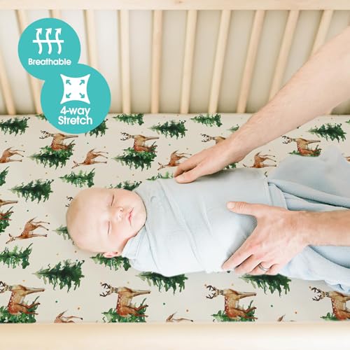 Image of BROLEX Baby Fitted Crib Sheets: Kid Crib Sheets - Set of 2 for Toddler Standard Size Crib Mattress for Boys and Girls - Jersey Knit Crib Bed Sheets Sika Deer&Foliage