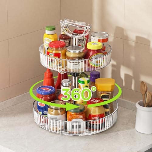 Image of Lazy Susan Organizer - 2 Tier Rotating Spice Rack Turntable, 11.4 inch Plastic Spinning Organizer for Kitchen Cabinet Pantry Countertop Cupboard Bathroom Storage, Clear