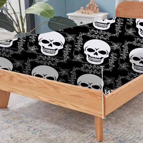 Vtkon Skull Sheets Set Gothic Sheets Halloween Bed Sheets Full Black Skull Bedding Set For Kids Boys Women Goth Bedding Set With 1 Fitted Sheet + 1 Flat Sheet + 2 Pillowcases thumb #2