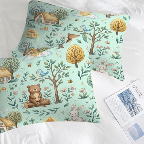 Image of Cute Woodland Animal Comforter Set Full Size, Bear and Rabbit Print for Kids Boys Girls Teens, Soft Microfiber Room Decor 1 Comforter 2 Pillowcase