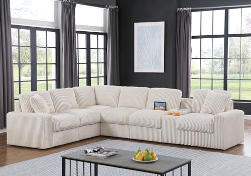 Image of Ball & Cast 127 inch Modular Sectional Sofa,Modern Oversized Cloud Couch with Cup Holder&USB Port,7 Seat Convertible L-Shaped Corduroy Sofas W /Ottoman,Pillows&Storage Box,Comfy Couch for Living Room,Beige
