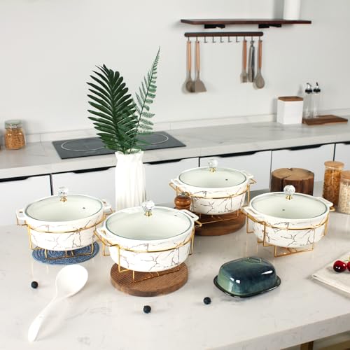 jinsongdafa 8\" Round Ceramic Casserole Dish with Glass Lid and Gold rack Set of 4, 2 qt Serving Soup Tureen, Chafing Dish for Buffet, Family Food preserve Tray, Catering Casserole for Party Style