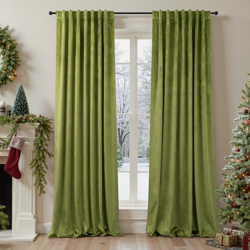 Image of Moss Green Velvet Curtains 84 Inch Long 2 Panel Thick Soft Luxury Sage Olive Green Curtain for Living Room Darkening Thermal Insulated Privacy Drape Bedroom Sliding Door 52x84 Floor Length Back Tab