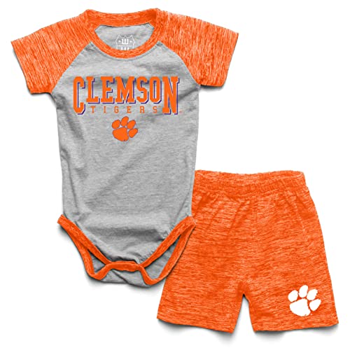 Wes and Willy Baby College Sports Fan Outfit One Piece Snap Suit and Short Set Cloudy Yarn Pattern (Clemson Tigers, 6 Months)