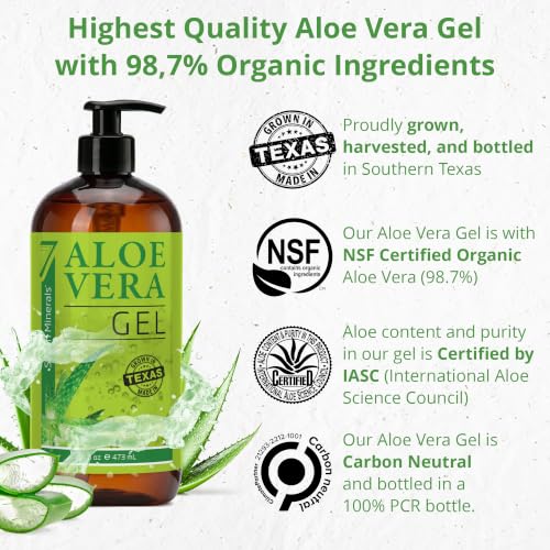 Image of Seven Minerals Aloe Vera Gel with Freshly Cut Pure Organic Aloe - Big 16oz with Treatment Pump - Texas grown, Vegan, Unscented - For Face, Skin, Hair - Summer Beach Vacation Essentials
