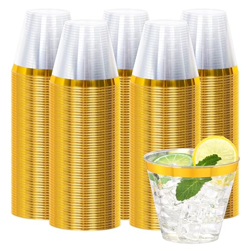 Image of 200 Pcs Gold Plastic Cups,9Oz Gold Rimmed Plastic Cups,Heavy Duty Gold Rim Clear Disposable Plasitc Cocktail Tumblers Wine Cup for Party,Wedding,Birthday,Christmas