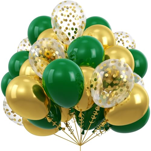 Kelfara Green and Gold Balloons 50Pcs 12in Metallic Confetti Latex Green Gold Balloons with Ribbon for Christmas St. Patricks Day New Year Birthday Jungle Party Wedding Anniversary Prom Decorations