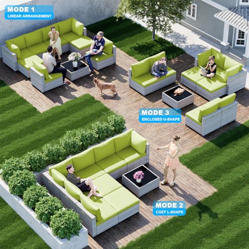 Image of Outdoor PE Wicker Rattan Modular Patio Sectional Sofa Set | 9-Piece: 6 Modular Seats, Coffee Table & 2 Ottomans, Grass Green
