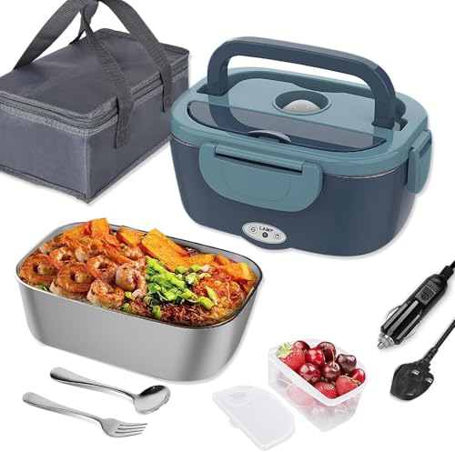 Electric Lunch Box Food Heater 1.5L Stainless Steel | Portable Heated Lunch Box 12V/24V/220V with UK Plug for Car Office & Home | علبة طعام كهربائية تسخين محمولة