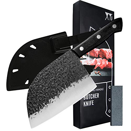 XYJ FULL TANG Ancient Butcher Knife 7-inch Meat Cleaver High Carbon Clad Steel Serbian Chef Knives With Plastic Sleeves Whetstone For Kitchen&Camping
