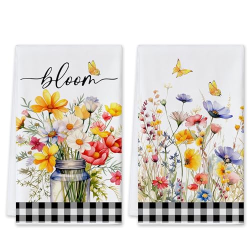 cusugbaso Spring Kitchen Towels Set of 2 Floral Hand Tea Dish Towels for Kitchen Decor 18x26 Inch Watercolor Flowers Buffalo Plaid