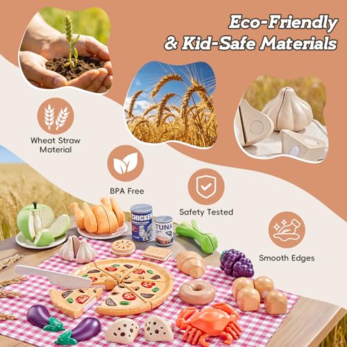 Image of 86Pc Wheat Straw Play Food for Kids Kitchen-Toy Food with 2 Baskets & Picnic Blanket, Realistic Cutting Pizza, Grocery Cans, Pretend Play Kitchen Accessories & Toddler Toys for Boys Girls 3+